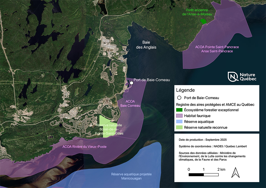 Aires protégées inscrites au Registre des aires protégées et AMCE au Québec et situées à proximité de la Baie des Anglais.
