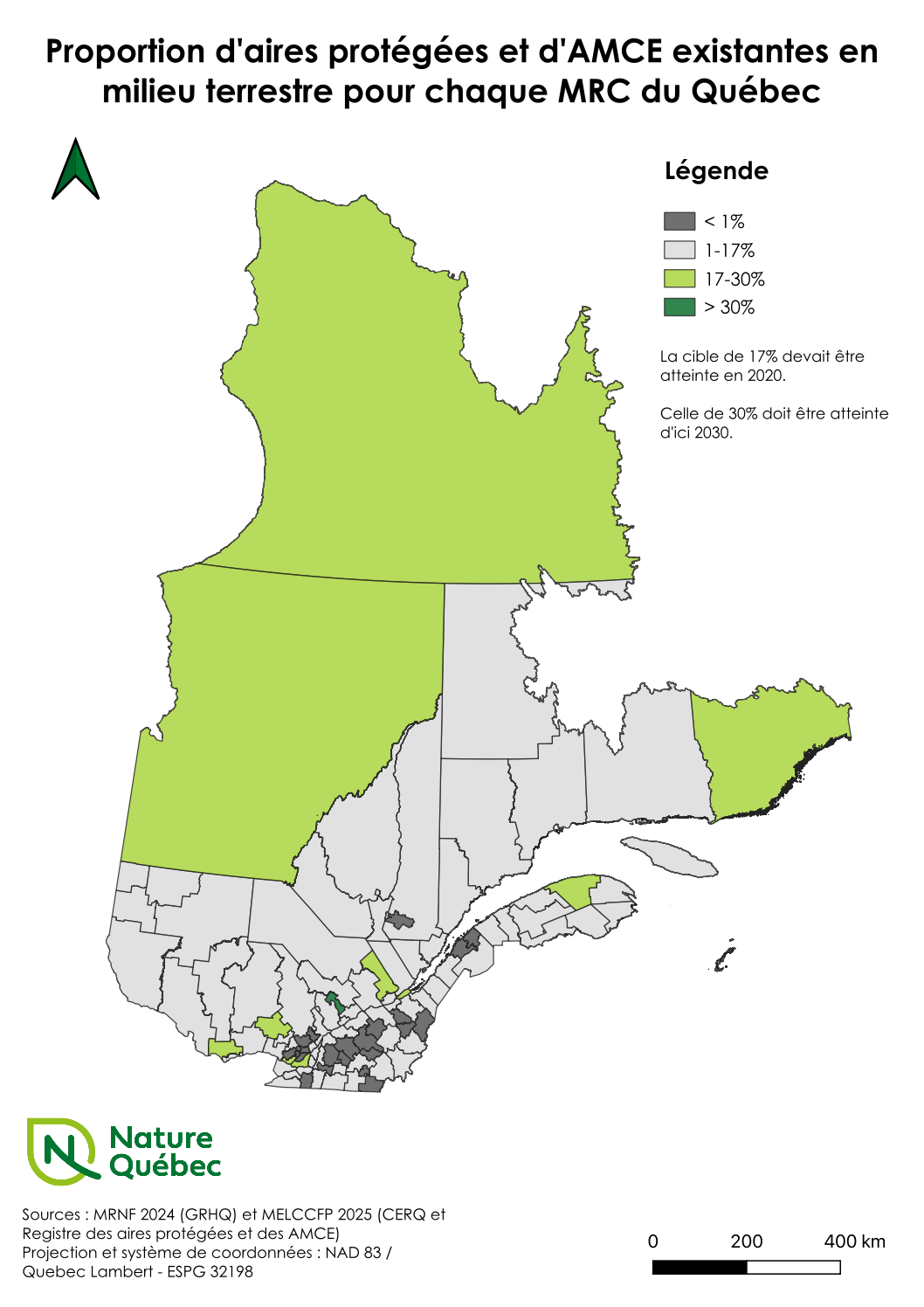 Proportion d'aires protégées et d'AMCE existantes en milieu terrestre pour chaque MRC du Québec